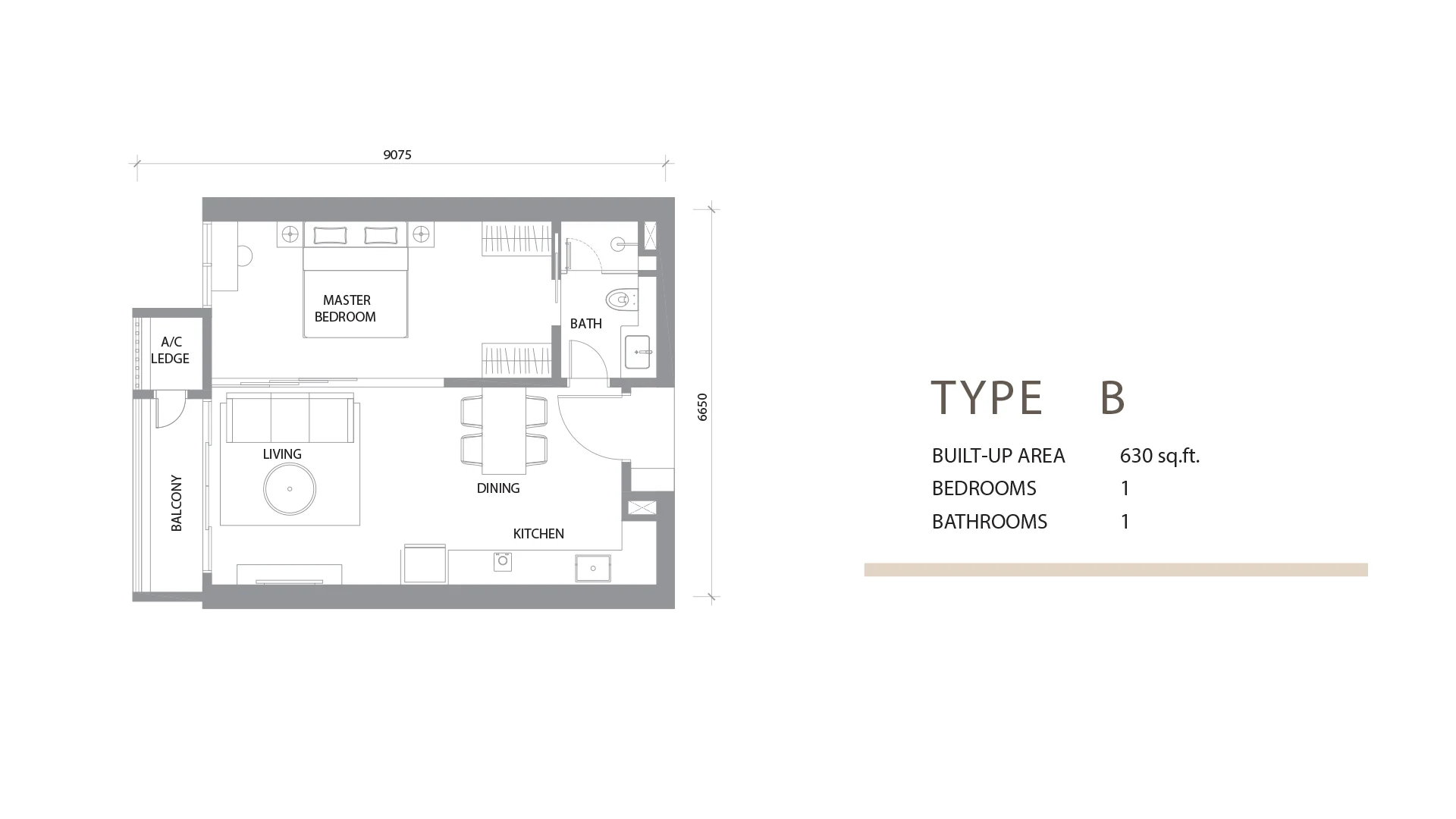 Type B 1 Bedroom 630sqft floor plan at Khaya Residences