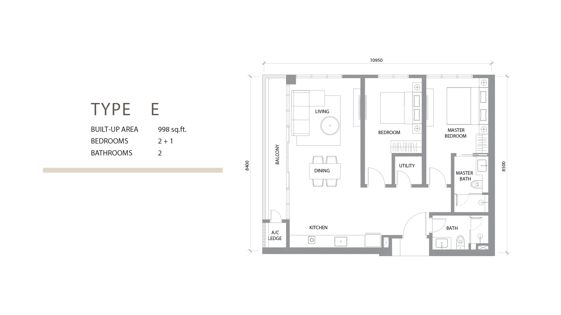 Type E 2+1 Bedroom 998sqft floor plan at Khaya Residences
