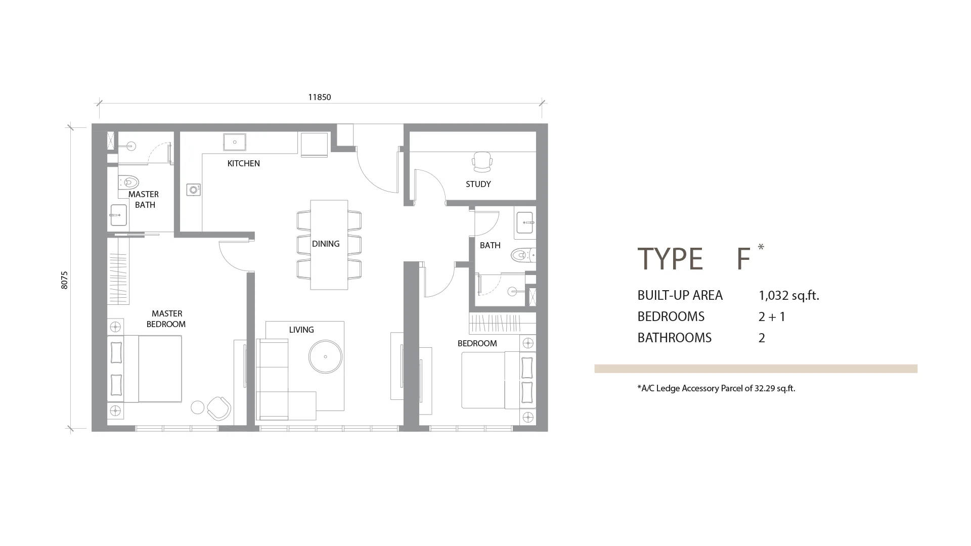 Type F 2+1 Bedroom 1032sqft floor plan at Khaya Residences