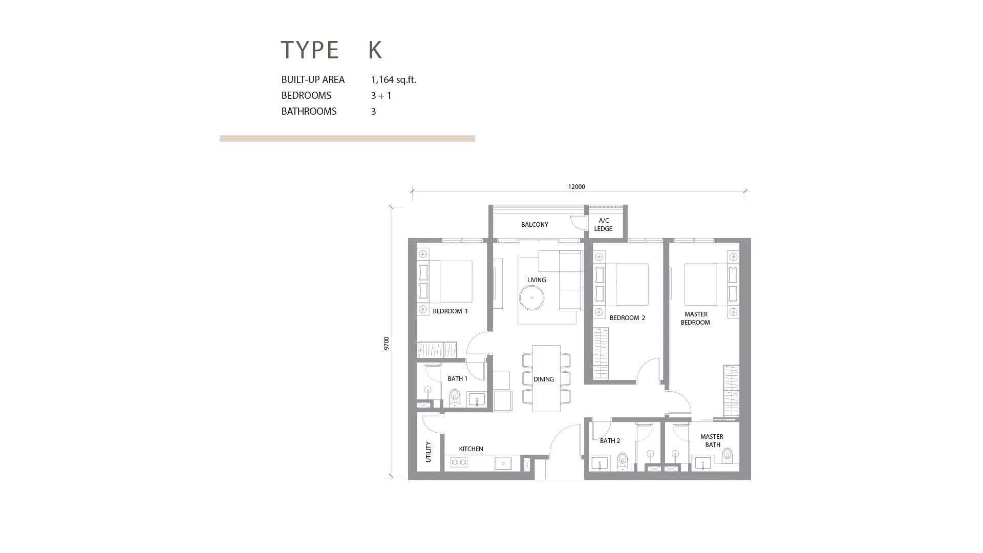 Type K 3+1 Bedroom 1164sqft floor plan at Khaya Residences